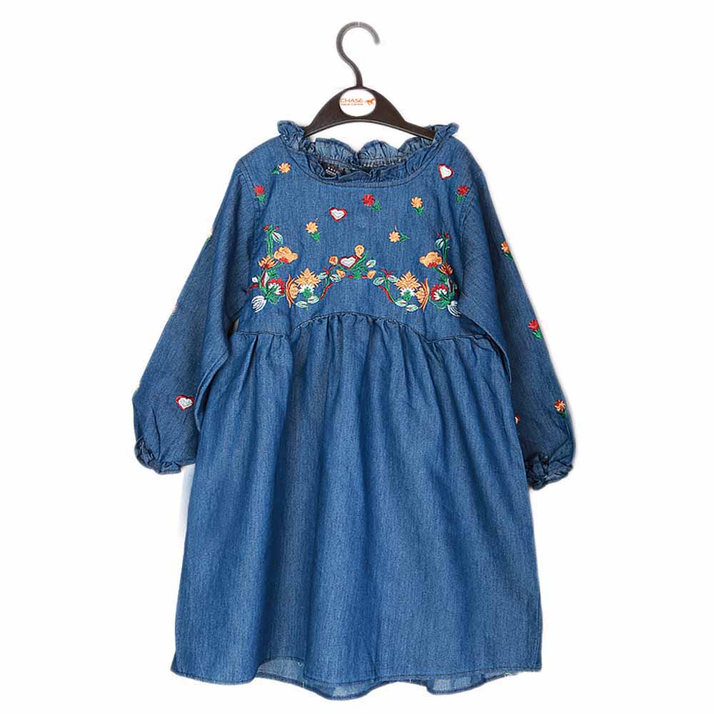Girls Embroidered Denim Frock - Blue, Kids, Girls Kurti, Chase Value, Chase Value