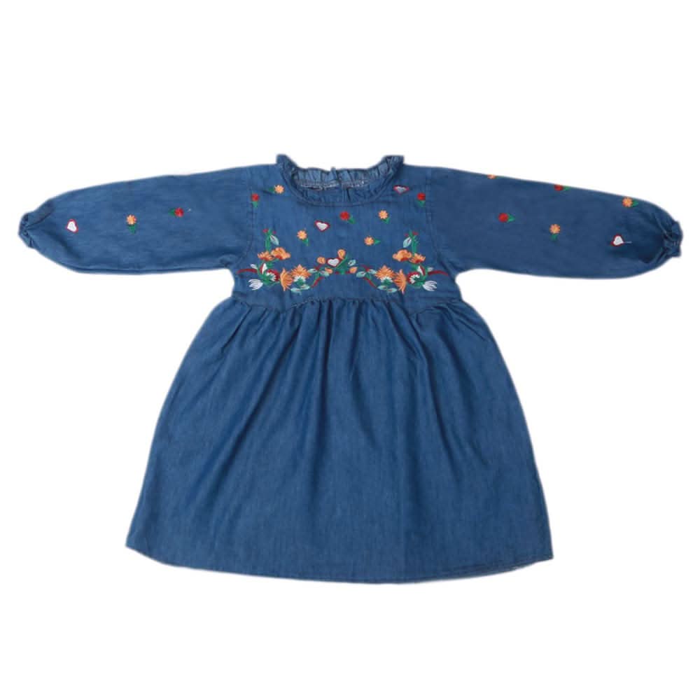 Girls Embroidered Denim Frock - Blue, Kids, Girls Kurti, Chase Value, Chase Value