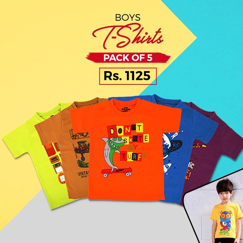 Boys Half Sleeves T-Shirt - Pack Of 5 - Multi, Kids, Boys T-Shirts, Chase Value, Chase Value