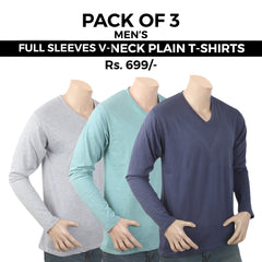Men's Full Sleeves V-Neck Plain T-Shirt Pack Of 3 - Multi, Men, T-Shirts And Polos, Chase Value, Chase Value