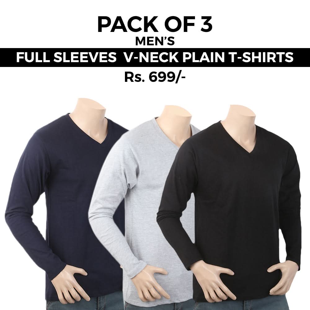 Men's Full Sleeves V-Neck Plain T-Shirt Pack Of 3 - Multi, Men, T-Shirts And Polos, Chase Value, Chase Value