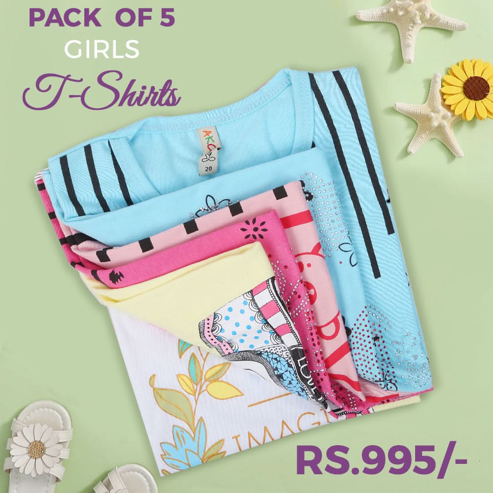 Girls Half Sleeves T-Shirt Pack Of 5, Kids, Girls T-Shirts, Chase Value, Chase Value