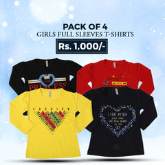 Girls Full Sleeves T-Shirt Pack Of 4 - Multi, Kids, Girls T-Shirts, Chase Value, Chase Value